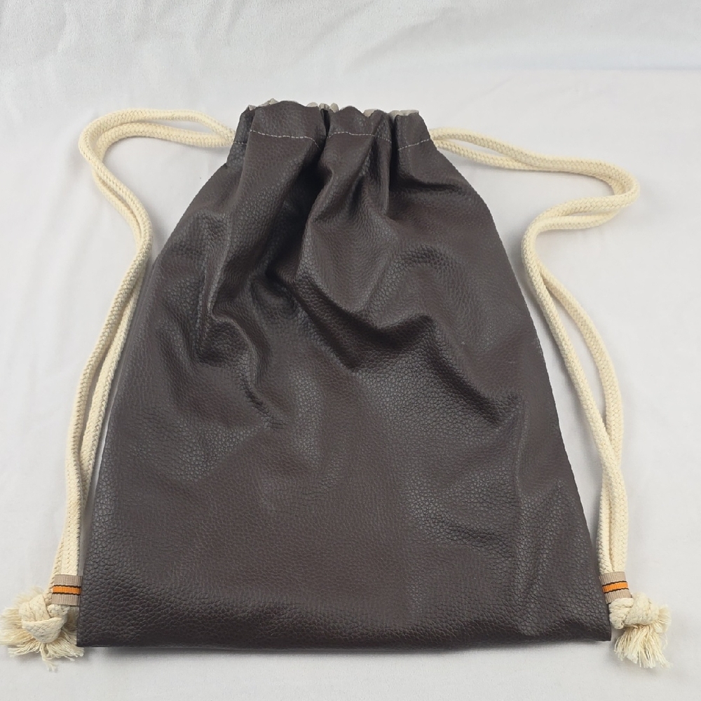 Brown Vegan Leather Drawstring Backpack Large‎ Inside Sleeve Pocket